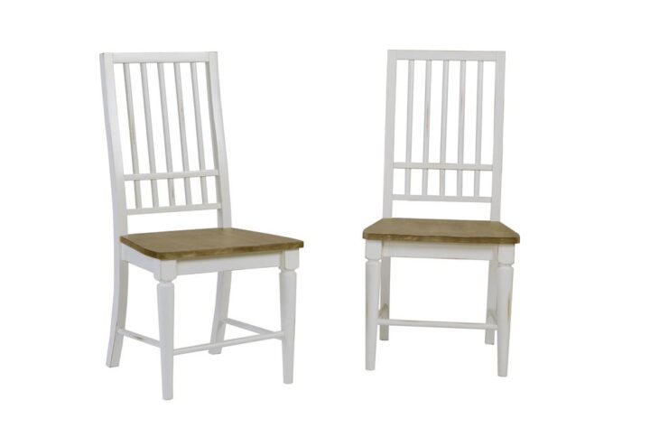 Set of two chairsSlat open back designOak finished wood seats with distressed white frame