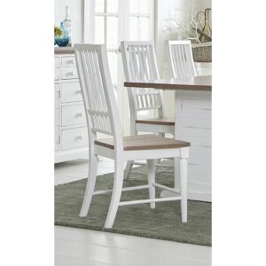 Set of two chairsSlat open back designOak finished wood seats with distressed white frame