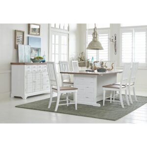 Oak finished table topTrestle style table baseDistressed white finished base