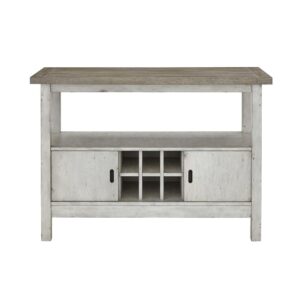 Rubberwood construction provides great stability“Oyster” finish is a combination light gray/antique creamServer has storage with sliding cabinet doors and dark antique bronze finished hardware