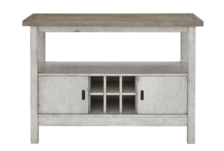 Rubberwood construction provides great stability“Oyster” finish is a combination light gray/antique creamServer has storage with sliding cabinet doors and dark antique bronze finished hardware