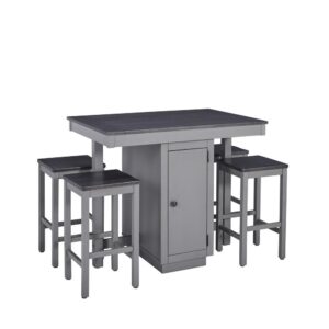 Table and stools packed in one cartonTable base has a convenient cabinet w/shelves for hidden storage on one side and open shelves w/wine storage on alternate sideEasy to assemble