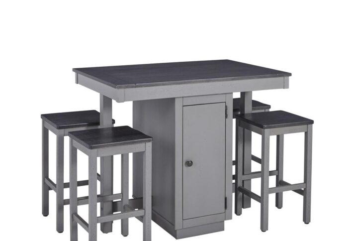 Table and stools packed in one cartonTable base has a convenient cabinet w/shelves for hidden storage on one side and open shelves w/wine storage on alternate sideEasy to assemble