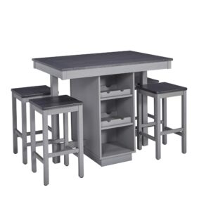 Table and stools packed in one cartonTable base has a convenient cabinet w/shelves for hidden storage on one side and open shelves w/wine storage on alternate sideEasy to assemble