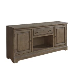 Hardware consists of a bronze finished dimensional knob with rosette backplate.Features two framed doors with routed moldings with adjustable shelving behindFeatures a routed center drawer and one stationary open shelf underneath