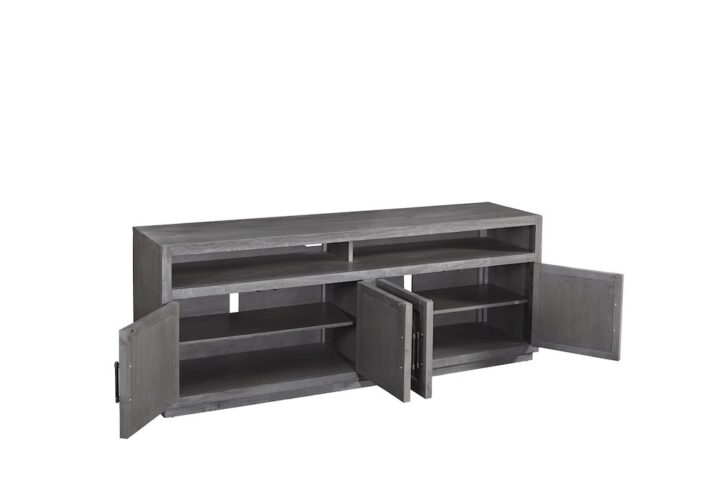 Hardware consists of a decorative handle with bands on ends for a unique elementFeatures framed wooden doors with a herringbone patternAdjustable shelving behind doors and an open area for media components