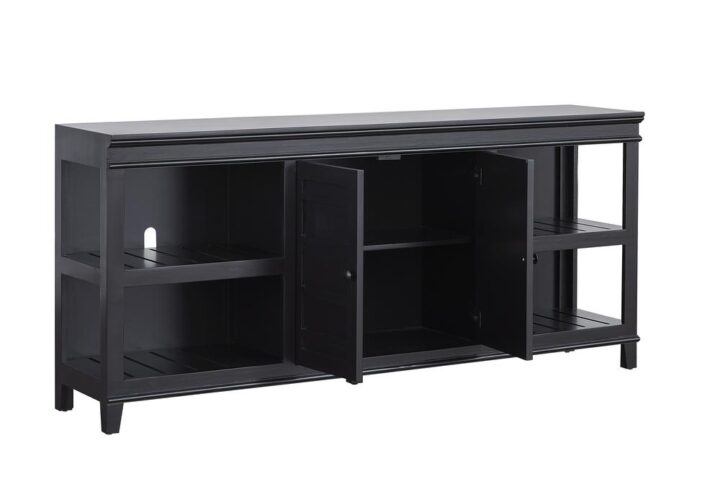 Console consists of open sides with a fixed shelf and an adjustable shelf behind the decorative doorsCutouts in back of consoles for wire managementKnob consists of an oil rubbed bronze finish