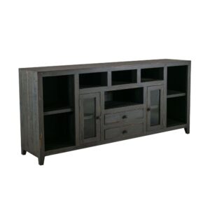 Features two glass wooden framed doors with adjustable shelving behind