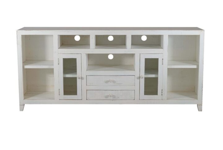 Features two glass wooden framed doors with adjustable shelving behind