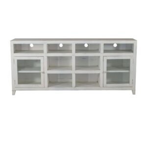 Features two glass wooden framed doors with adjustable shelving behind and the balance is all stationary shelvingCut outs in back for easy access to plug media componentsFinish is hand applied with distressing and rub through for a vintage look