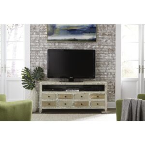 Open soundbar shelf with wire managementUnique distressed finish with contrasting wood front drawersMultiple drawers with bronze hardware