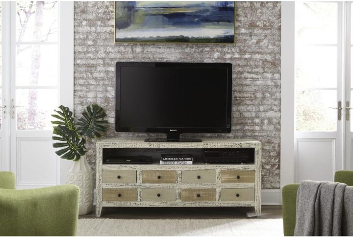 Open soundbar shelf with wire managementUnique distressed finish with contrasting wood front drawersMultiple drawers with bronze hardware