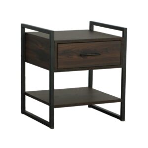 Shelf below to accommodate additional storage needs or displayMetal is powder coated for long lasting durabilityDark wood walnut grain with durable finish