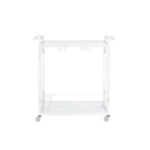 2 full shelves with 3” tempered glass for storage & displayCart has 2 metal handles for multi-directional drivingTop shelf is spacious with wine glass racks