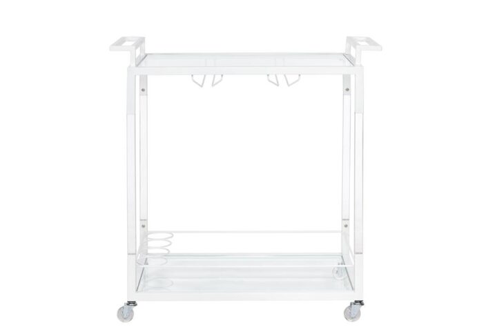 2 full shelves with 3” tempered glass for storage & displayCart has 2 metal handles for multi-directional drivingTop shelf is spacious with wine glass racks