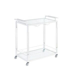 2 full shelves with 3” tempered glass for storage & displayCart has 2 metal handles for multi-directional drivingTop shelf is spacious with wine glass racks