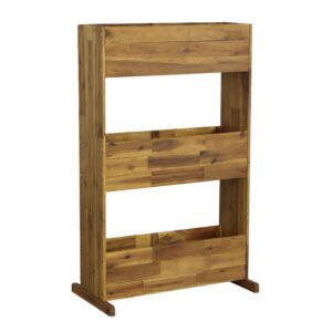 Constructed of acacia for its natural weather resistance and antibacterial characteristicsThree vertical tiers make it convenient for easy access and where space is limitedThin horizontal wood pieces assist in keeping grounded and sturdy