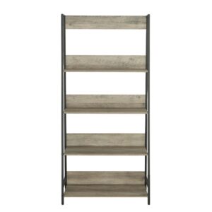 Bookshelf has durable angled metal side frame in contrasting finish is powder coatedFour fixed shelves with small back panels for display or storageBack is finished and could easily be used as a room divider