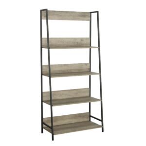 Bookshelf has durable angled metal side frame in contrasting finish is powder coatedFour fixed shelves with small back panels for display or storageBack is finished and could easily be used as a room divider