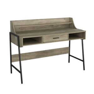 Desk features one pull-out drawer with black handle and metal drawer guidesOpen compartments for storage and easy accessSmall shelf against a privacy back panel