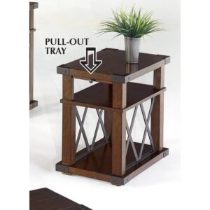 Pull-out trayAntique Iron finished metal accentsDouble X accents on sides