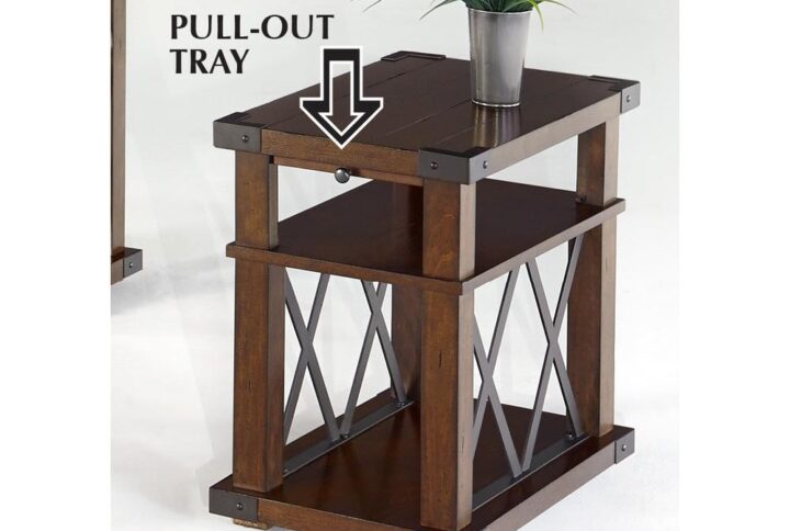 Pull-out trayAntique Iron finished metal accentsDouble X accents on sides