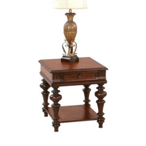 Warm medium cherry finishIntricate carving accentsLower storage shelf