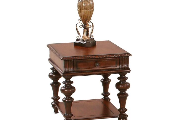 Warm medium cherry finishIntricate carving accentsLower storage shelf