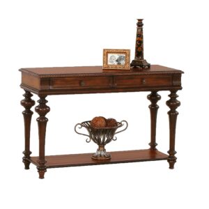 Warm medium cherry finishIntricate carving accentsLower storage shelf