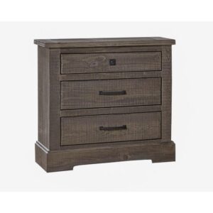 3 drawers of storageGraphite hardware featuring round knob with back plate and simplistic complimenting handleWeathered gray finish that creates an interesting variation in color