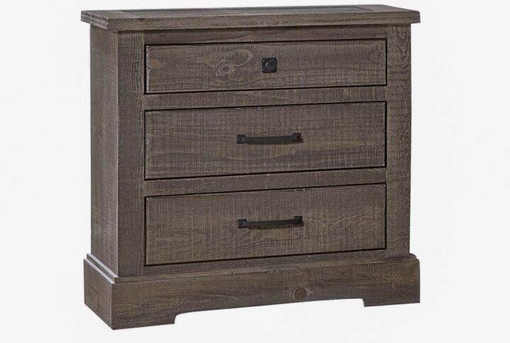 3 drawers of storageGraphite hardware featuring round knob with back plate and simplistic complimenting handleWeathered gray finish that creates an interesting variation in color