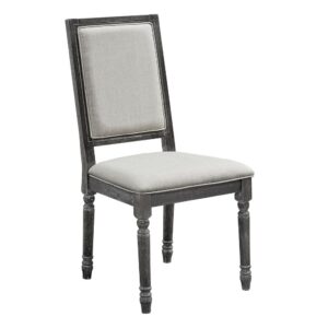 Set of two chairsLinen colored upholsteryWeathered Pepper distressed frame finish