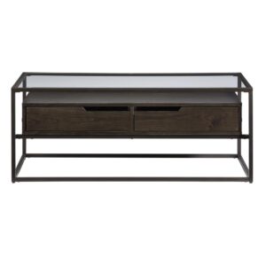 Floating pass through drawers with spacious storage spaceTempered Glass topDark bronze metal finish