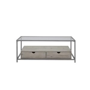 Spacious drawers with metal ball bearing guidesGorgeous “Sand Drift” finish with slight wire brushed textureTempered Glass table top