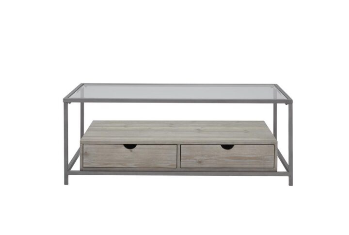 Spacious drawers with metal ball bearing guidesGorgeous “Sand Drift” finish with slight wire brushed textureTempered Glass table top