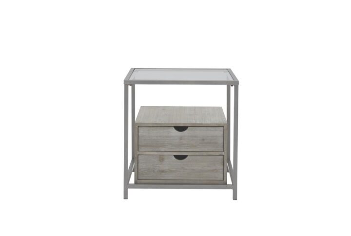 Spacious drawers with metal ball bearing guidesGorgeous “Sand Drift” finish with slight wire brushed textureTempered Glass table top