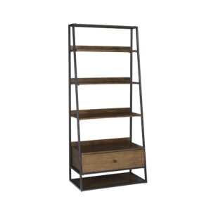 Medium toned Cinnamon finish with black metal frame & hardwareFull open shelves for storage & displayEasy to assemble