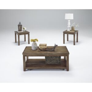 Includes cocktail table & 2 end tablesCocktail has casters for mobilityDistressed driftwood finish