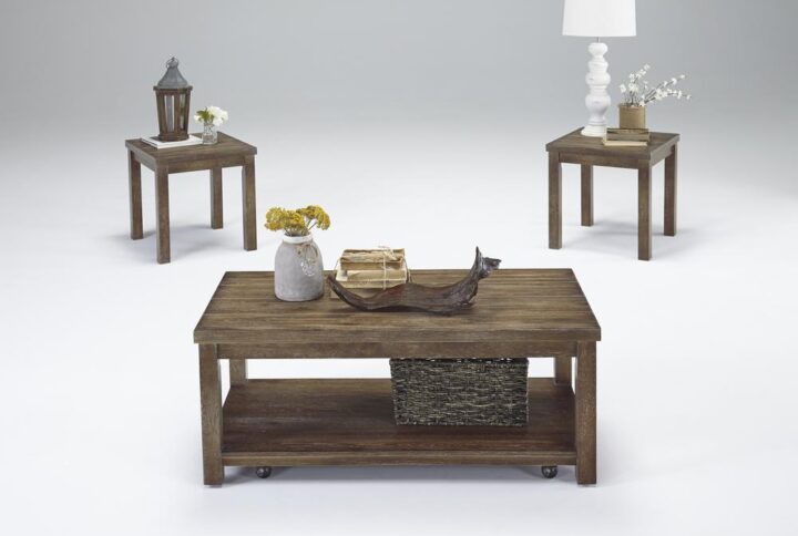 Includes cocktail table & 2 end tablesCocktail has casters for mobilityDistressed driftwood finish