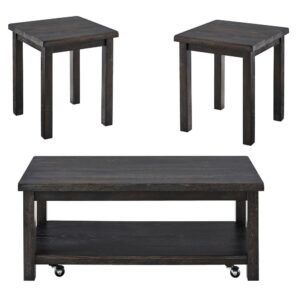 Includes cocktail table & 2 end tablesCocktail has casters for mobilityDistressed dark weathered pepper finish