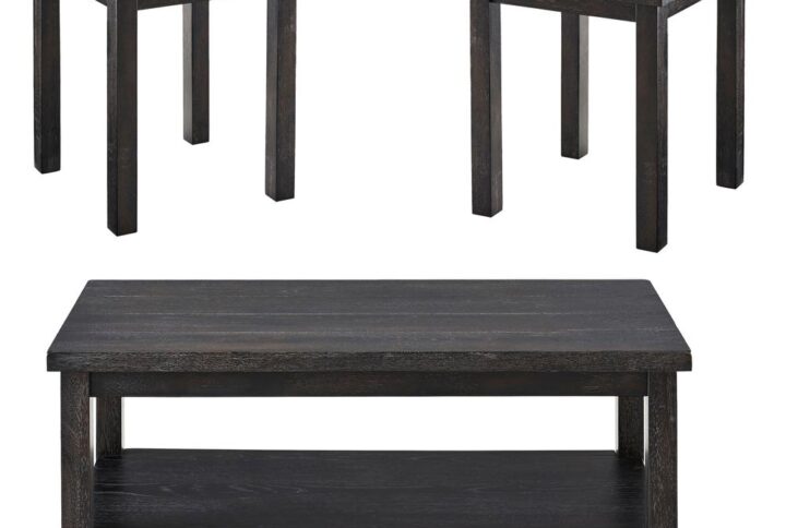 Includes cocktail table & 2 end tablesCocktail has casters for mobilityDistressed dark weathered pepper finish