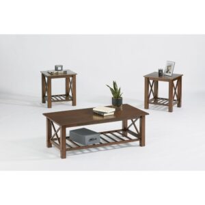 Includes cocktail table & 2 end tablesEclectic X base designLower slat shelves