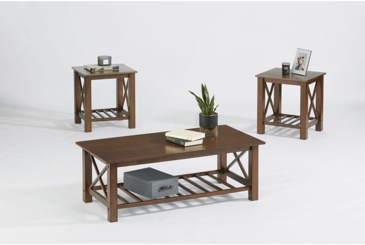 Includes cocktail table & 2 end tablesEclectic X base designLower slat shelves