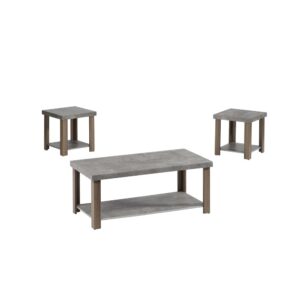 Includes cocktail table & 2 end tablesFull bottom shelvesTwo tone finish of Gray & Oak