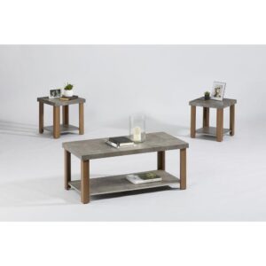 Includes cocktail table & 2 end tablesFull bottom shelvesTwo tone finish of Gray & Oak