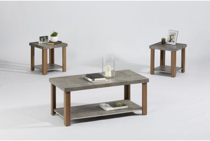 Includes cocktail table & 2 end tablesFull bottom shelvesTwo tone finish of Gray & Oak