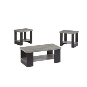 Includes cocktail table & 2 end tablesFull bottom shelvesTwo tone finish of Gray & Black