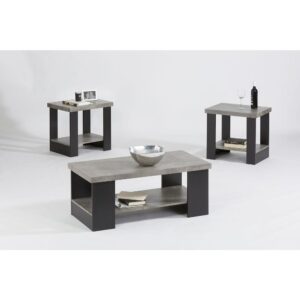 Includes cocktail table & 2 end tablesFull bottom shelvesTwo tone finish of Gray & Black