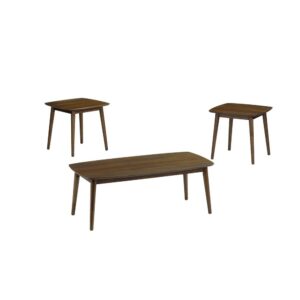 Includes cocktail table & 2 end tablesMid-modern styleWalnut finish