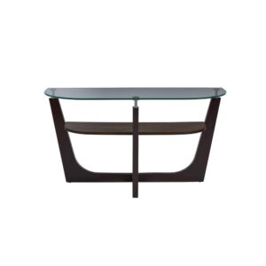 Espresso finish with contrast weathered cocoa shelfTempered glass topsOpen shelf for storage